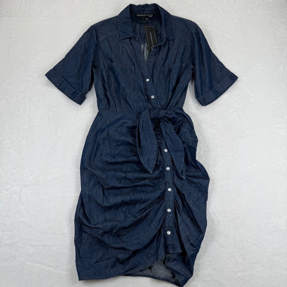 Veronica Beard Jeans Blue Denim Ruched Button Front Shirtdress Size 2 NEW $398